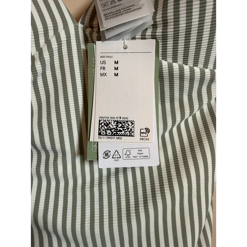 H&M Green White Striped Ribbed One Piece Swimsuit High Leg Tie Shoulder M NEW
